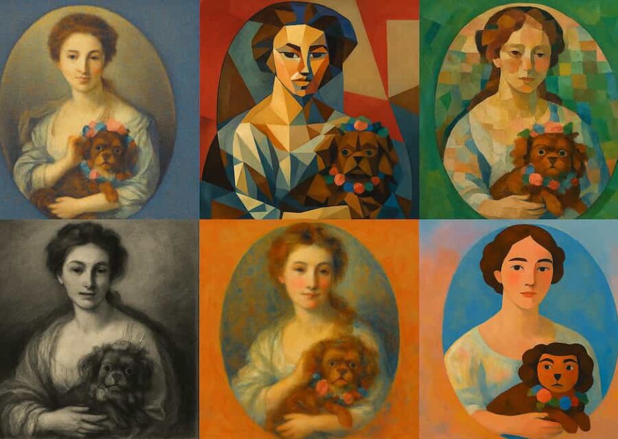 Un tableau du Musée d'Art et d'Histoire du Pays de Château-Gontier réinterprété de 6 manières différentes par l'intelligence artificielle.