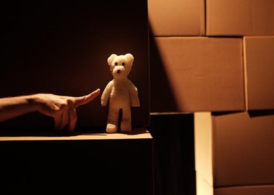 Une main pointe un doigt vers un ours en mousse devant un mur de cartons.