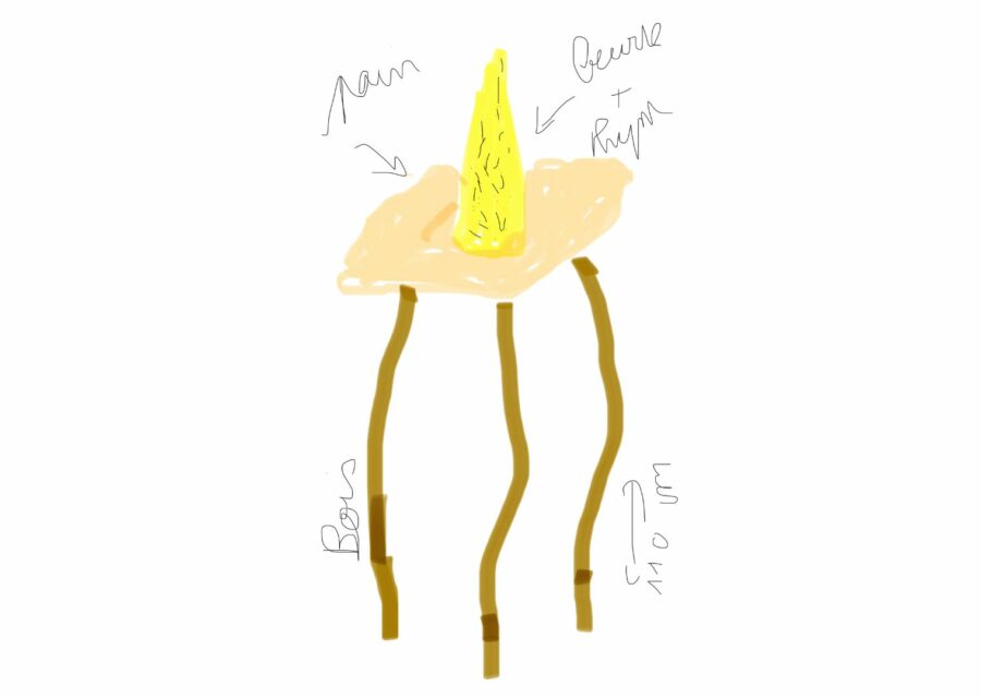 Dessin préparatoire de Clélia Berthier avant la réalisation de l'oeuvre Pain surprise. Un tabouret avec une assise en pain et une grosse motte de beurre au thym posée dessus.