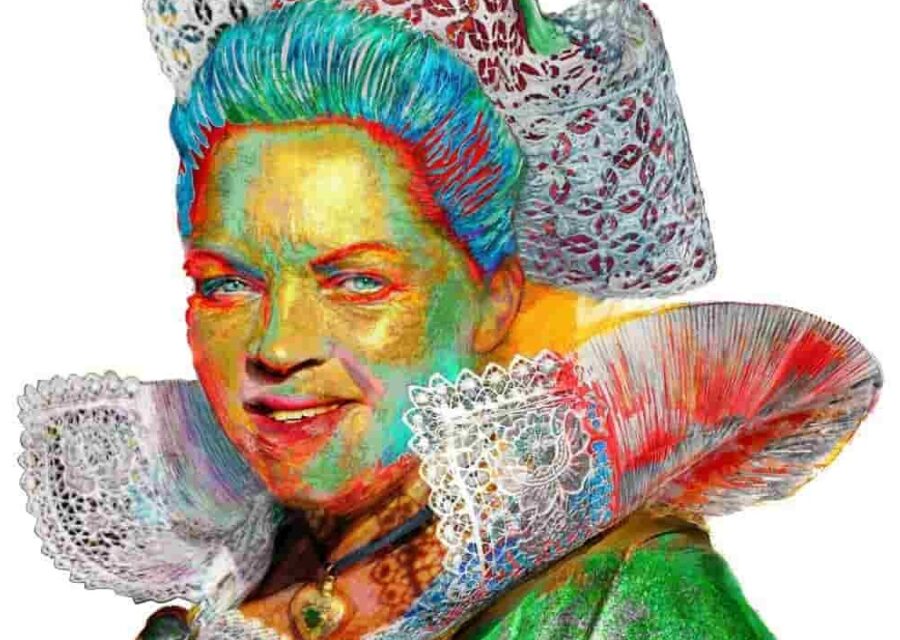 Portrait d'une bigouden retravaillé avec des couleurs saturées, jaune, rouge, vert, bleu.